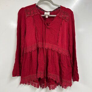 0430 Knox Rose Boho whimsical Peasant Top – Red Lace Trim – Women’s Size M